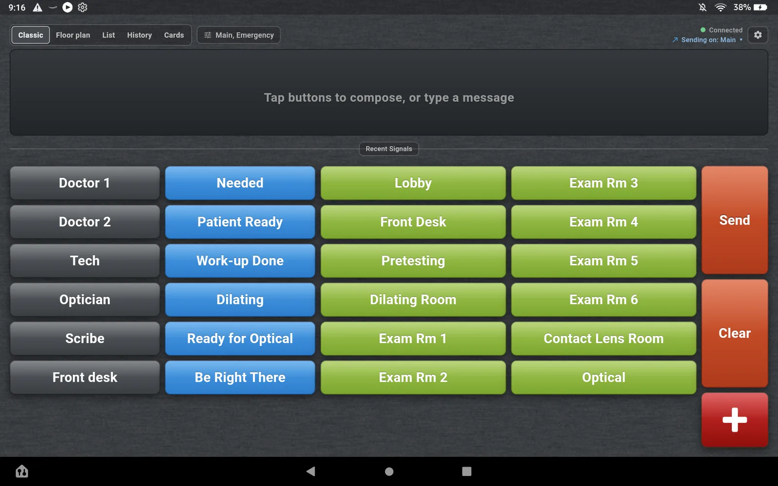 The Classic view on a Fire HD 10: three columns of buttons for who, what and where, with Send and Clear at the right and the red emergency cross below them.