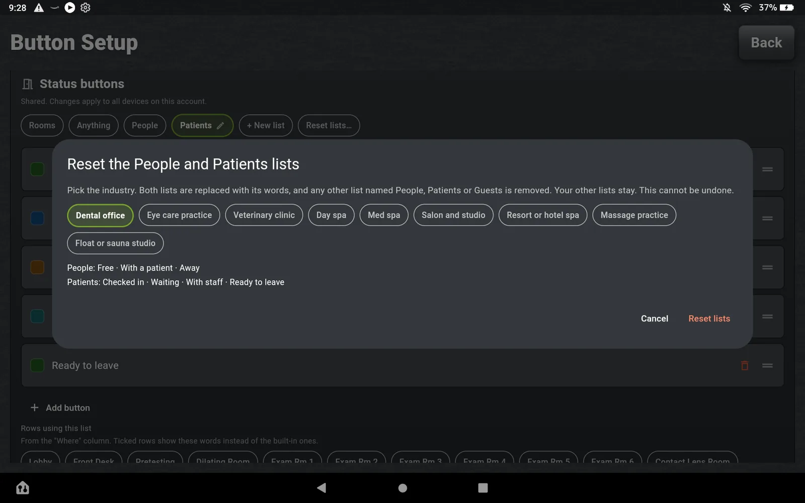 The Reset lists dialog: Reset the People and Patients lists. Pick the industry: Dental office, Eye care practice, Veterinary clinic, Day spa, Med spa, Salon and studio, Resort or hotel spa, Massage practice, Float or sauna studio, with the words each preset installs listed below.