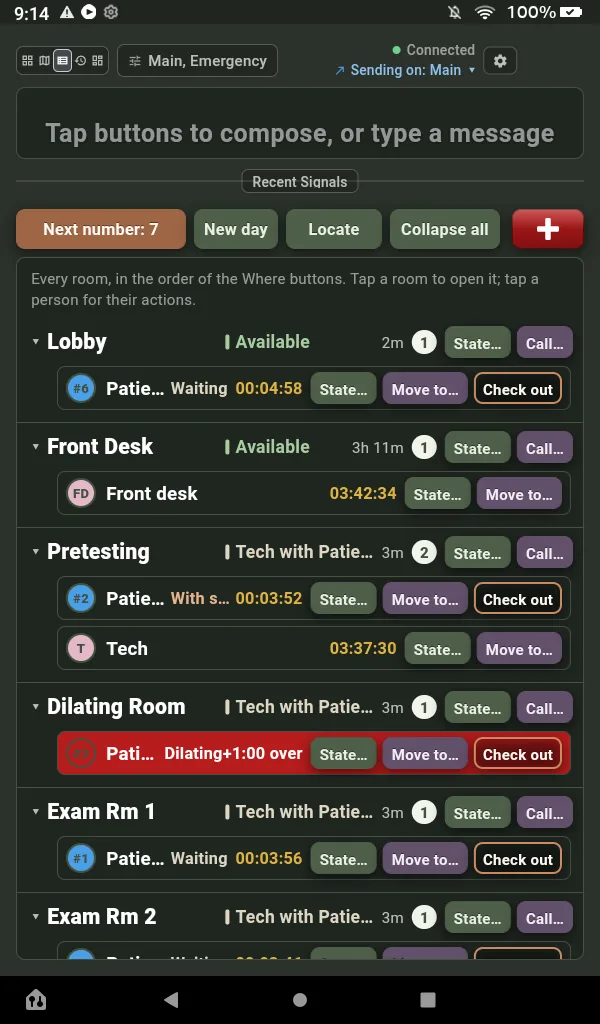 The List view on an upright Fire 7: rooms as headings with their state and count, guests and staff indented under them with State, Move to and Check out buttons, one row red.