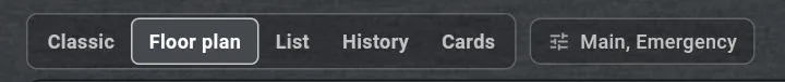 The mode toggle at the top left of the main screen: Classic, Floor plan, List, History, Cards, then the channel picker reading Main, Emergency.