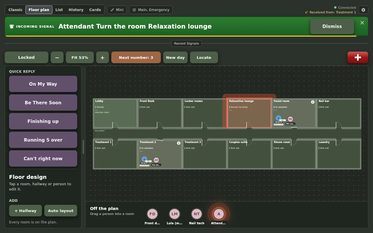 The Floor plan on the desktop app in Spa Dim with the incoming signal Attendant Turn the room Relaxation lounge across the top, the lounge glowing on the plan and the quick replies in the side pane.