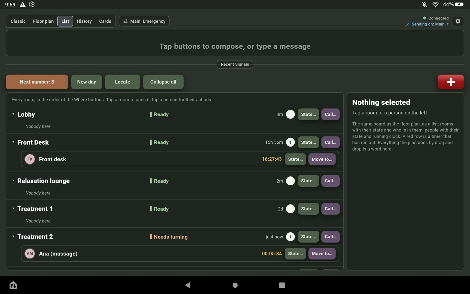 The List view on the Fire HD 10: rooms as rows with their state, age and count, the people under them, and State and Call buttons on each row.