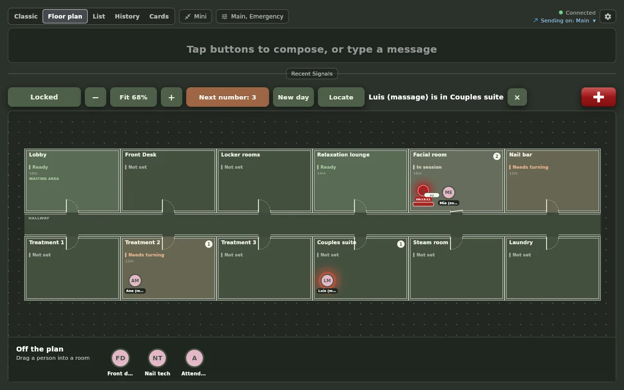 The Floor plan view on the desktop app in Spa Dim: twelve rooms wall to wall around a hallway. Guest 2 in the Facial room glows red because the Mask on timer has run out; Mia is beside them, Ana is in Treatment 2, Luis in the Couples suite, and the Nail bar reads Needs turning.