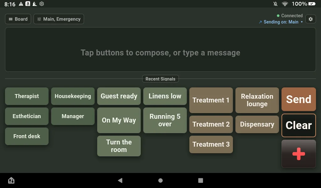 AltoSignal on a Fire 7 tablet in Spa Dim, showing the day-spa board.
