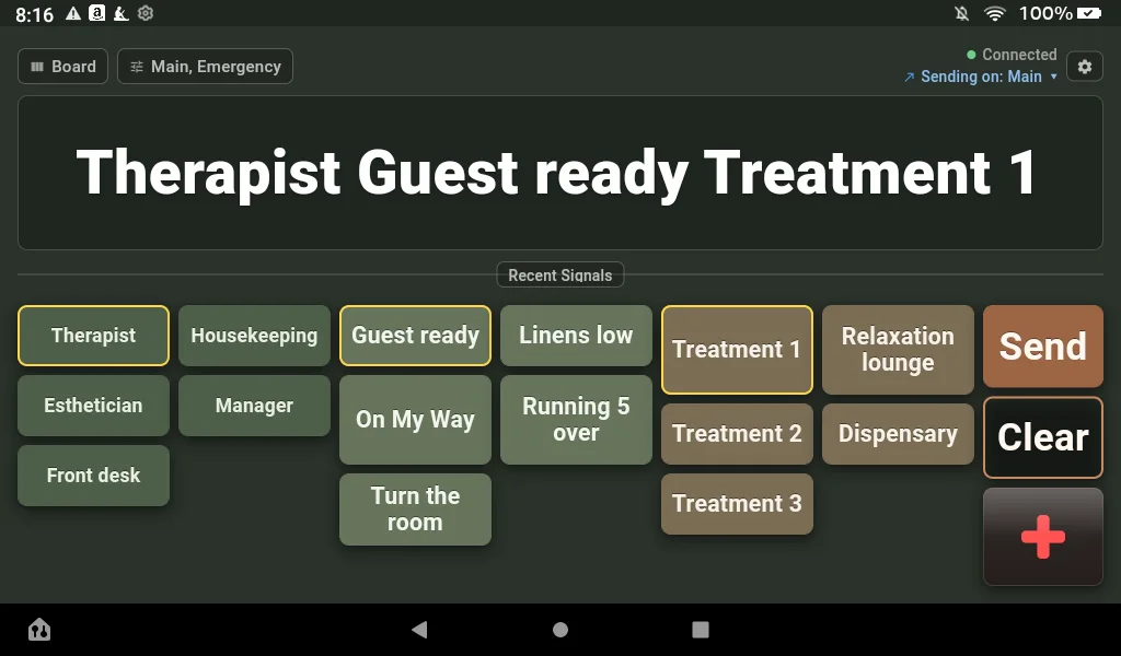 The Fire 7 board with Therapist, Guest ready and Treatment 1 selected and ringed in gold.