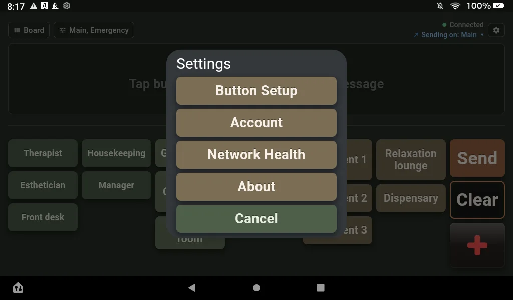 The Settings dialog offering Button Setup, Account, Network Health and About.