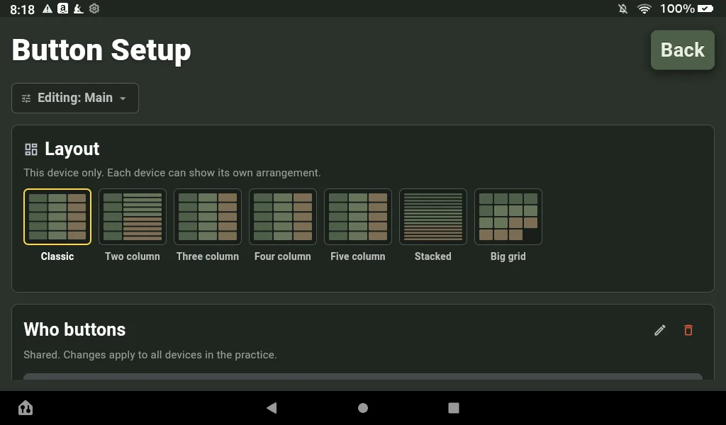 Button Setup showing seven layout options rendered in the spa palette.