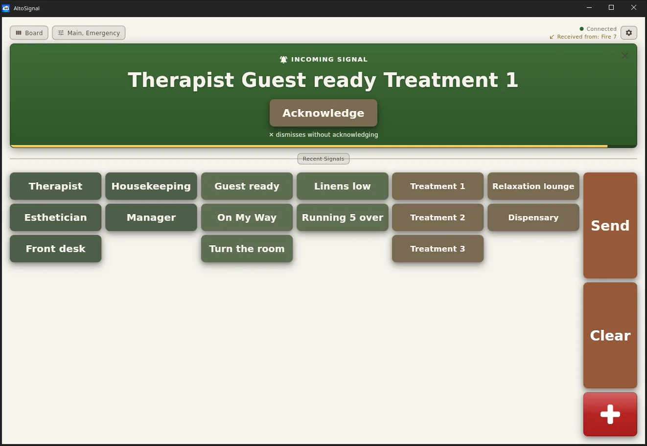 An incoming signal banner reading Therapist Guest ready Treatment 1, with an Acknowledge button, received from Fire 7.