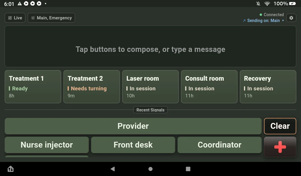 AltoSignal on a Fire 7 in Spa Dim: a band of five room cards under the message box, reading Treatment 1 Ready 8h, Treatment 2 Needs turning 9m, Laser room, Consult room and Recovery In session, above the Provider, Nurse injector, Front desk and Coordinator buttons.