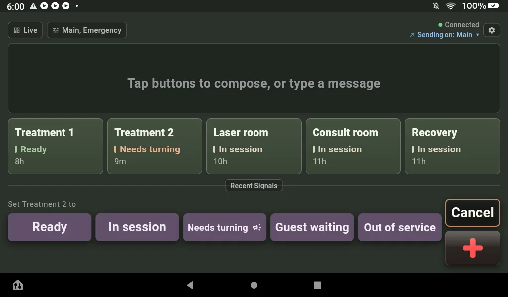 The same Fire 7 after tapping Treatment 2: the grid now reads Set Treatment 2 to, with Ready, In session, Needs turning, Guest waiting and Out of service, and a Cancel button.