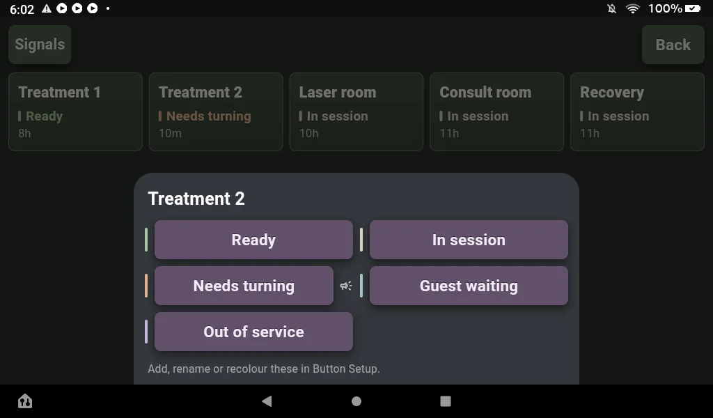 The Rooms screen on a Fire 7 with a sheet titled Treatment 2 offering Ready, In session, Needs turning, Guest waiting and Out of service, each with a colored bar, and the note Add, rename or recolor these in Button Setup.