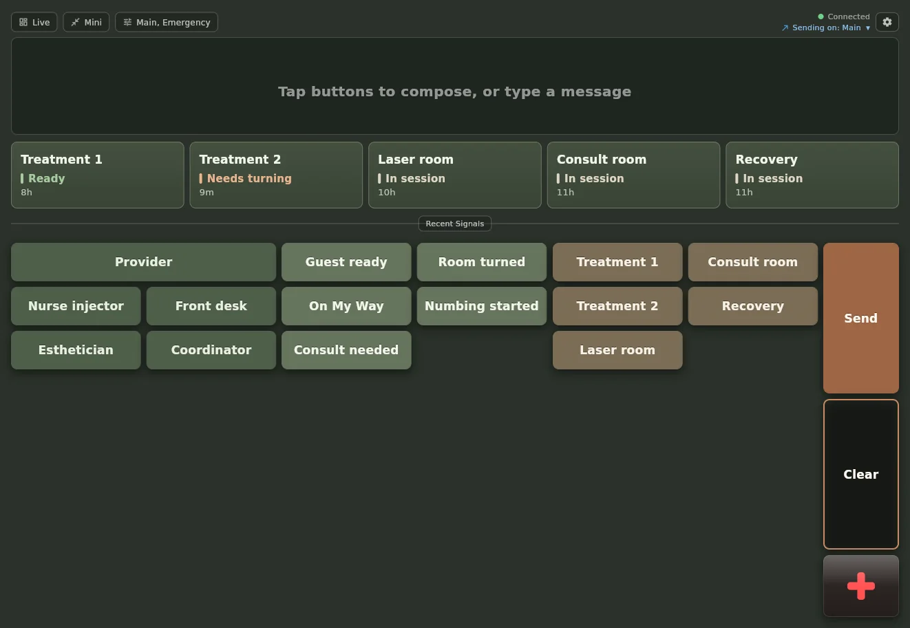 AltoSignal on the desktop app in Spa Dim: five room cards above the who, what and where buttons of a med spa, with Send and Clear at the right.