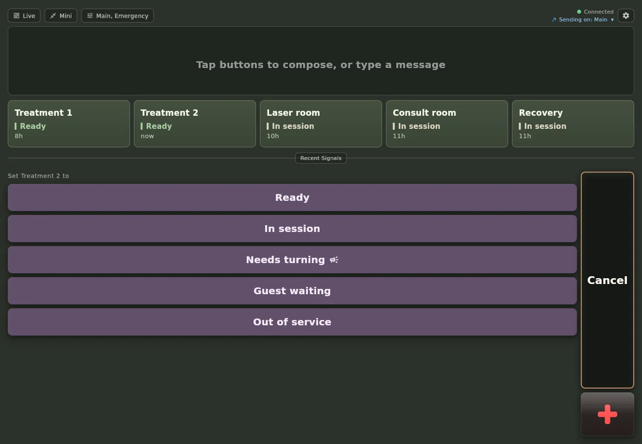 AltoSignal on the desktop app in Spa Dim, with the room band above and the grid replaced by Set Treatment 2 to, listing Ready, In session, Needs turning, Guest waiting and Out of service beside a Cancel button.