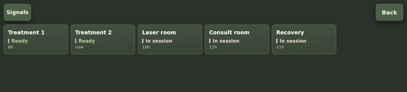 The Rooms screen on the desktop app in Spa Dim, showing Treatment 1 Ready 8h, Treatment 2 Ready now, and Laser room, Consult room and Recovery In session.